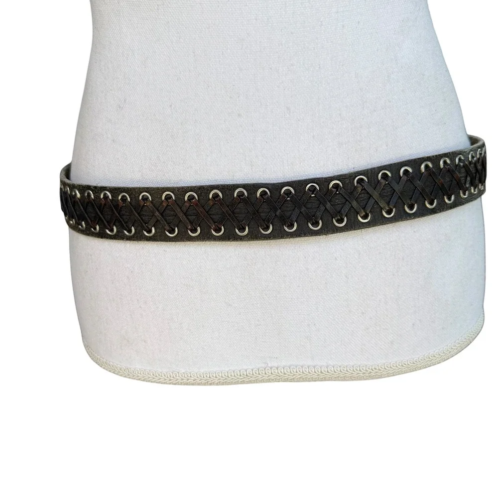 Vintage Distressed Black Leather Lace Up Grommet Belt Silver Buckle Boho Edgy